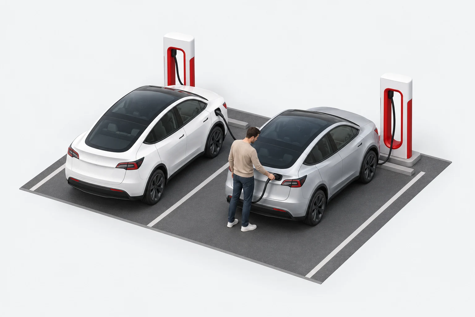 Concept illustration of an owner helping charge a robotaxi beside their own car at a Supercharger station.